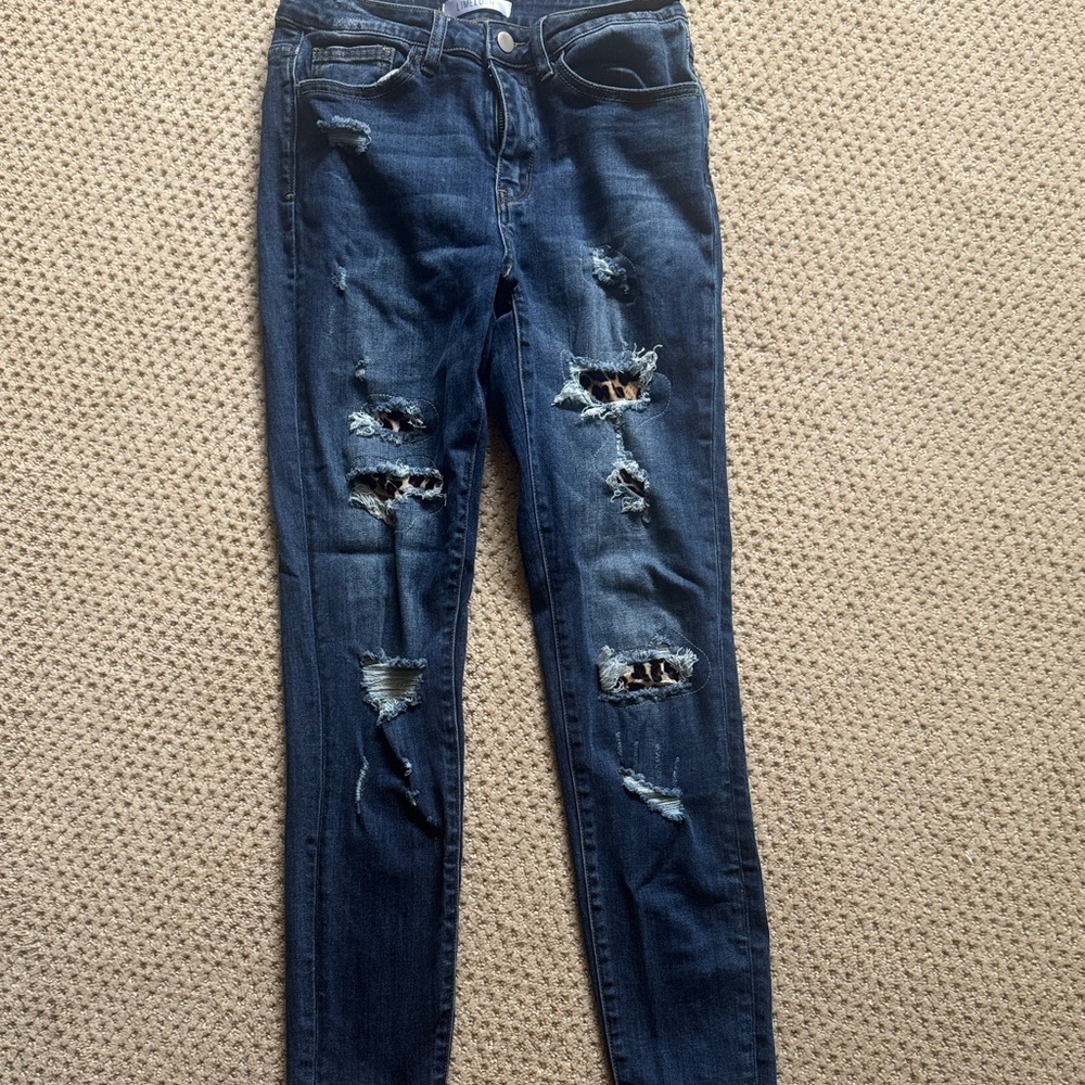 Limelush leopard lined distressed straight leg